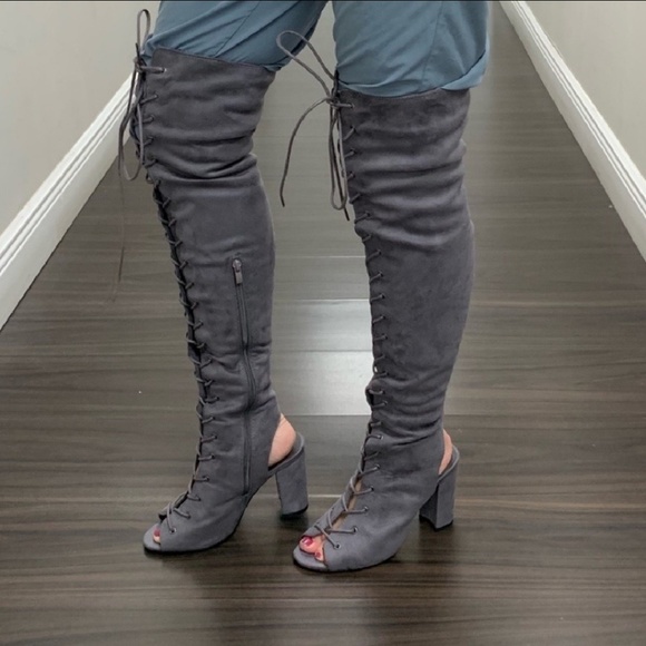 Faux suede open toe lace up bootie -grey - Picture 6 of 7